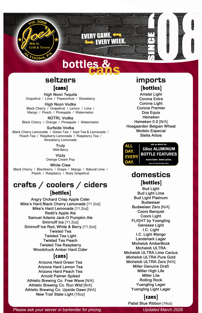 Joe's bottle beer menu