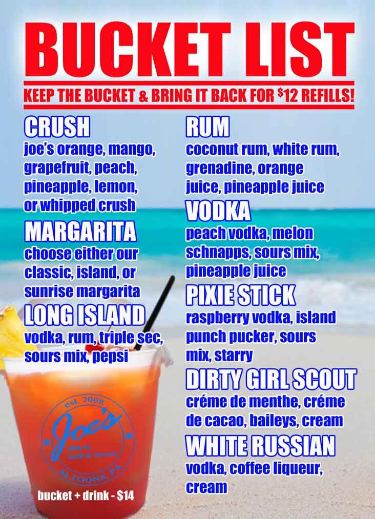 Joe's bucket list menu