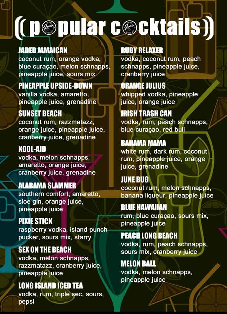 Joe's popular cocktails menu