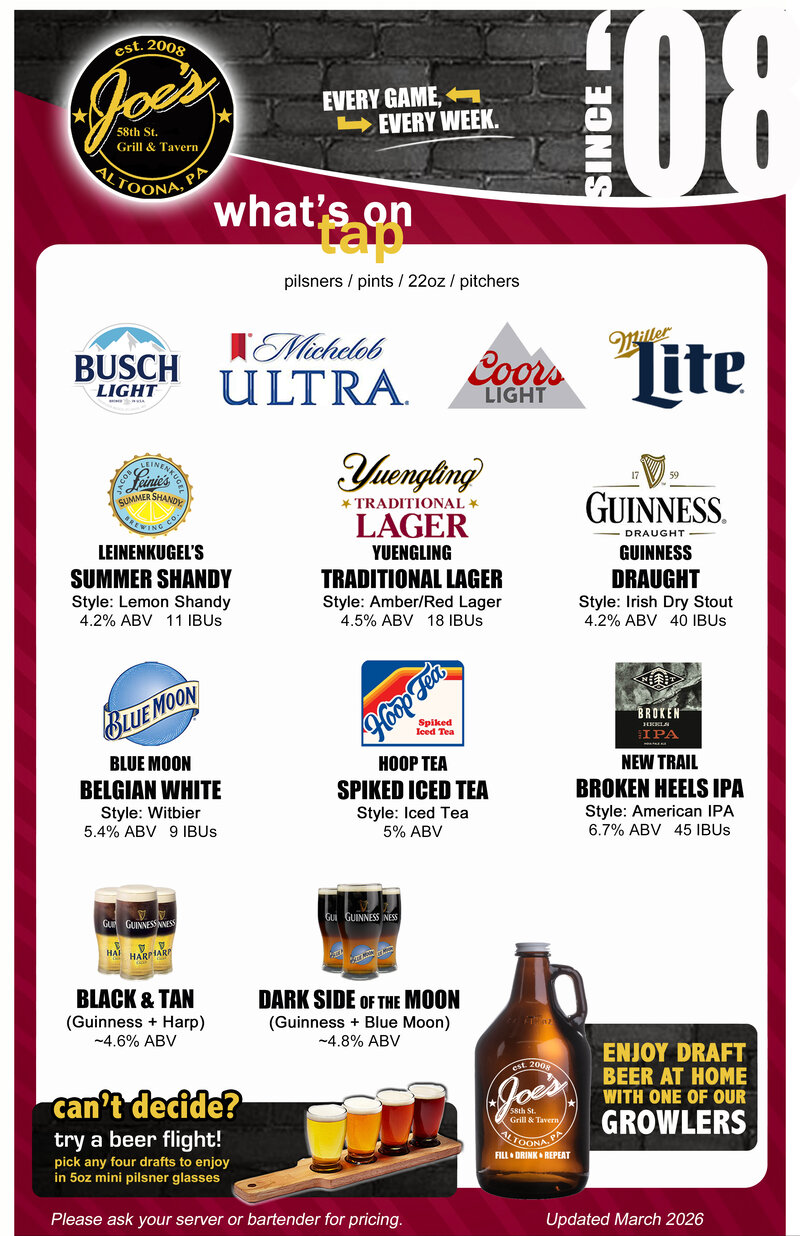 Joe's draft beer menu
