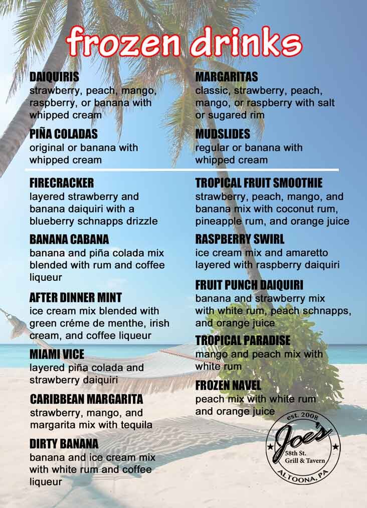Joe's frozen drinks menu