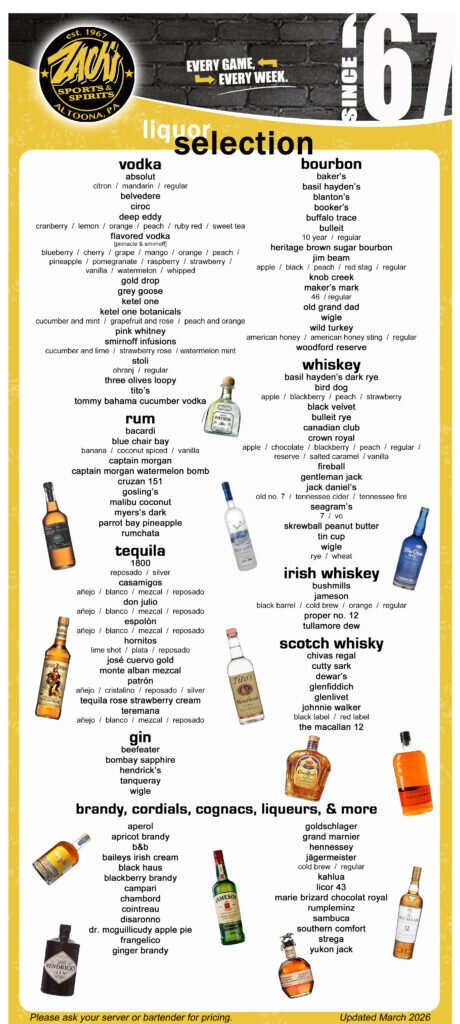 Joe's liquor menu