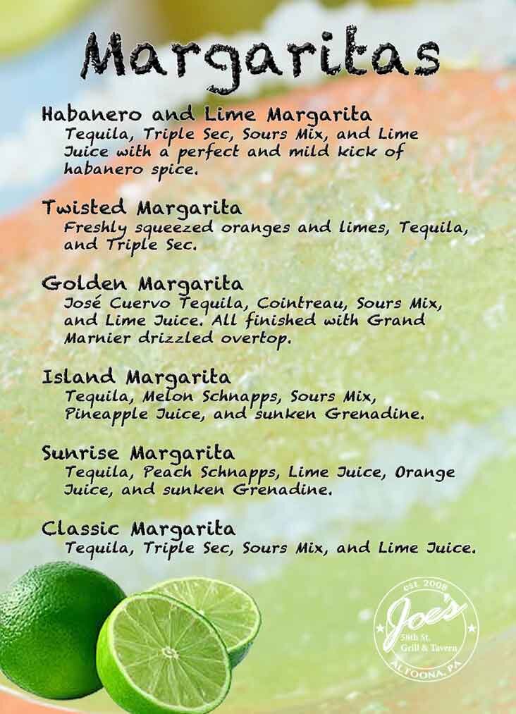 Joe's margarita menu