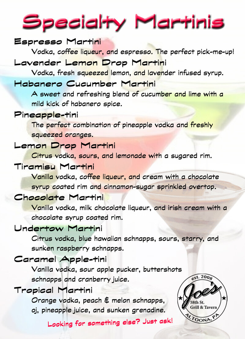 Joe's martini menu