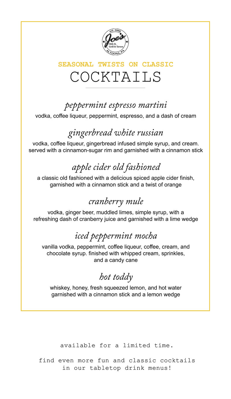 Joe's seasonal beverages menu