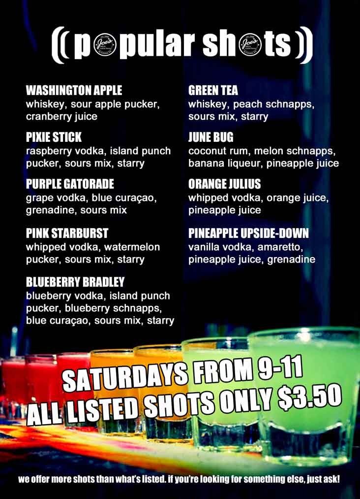 Joe's shooters menu