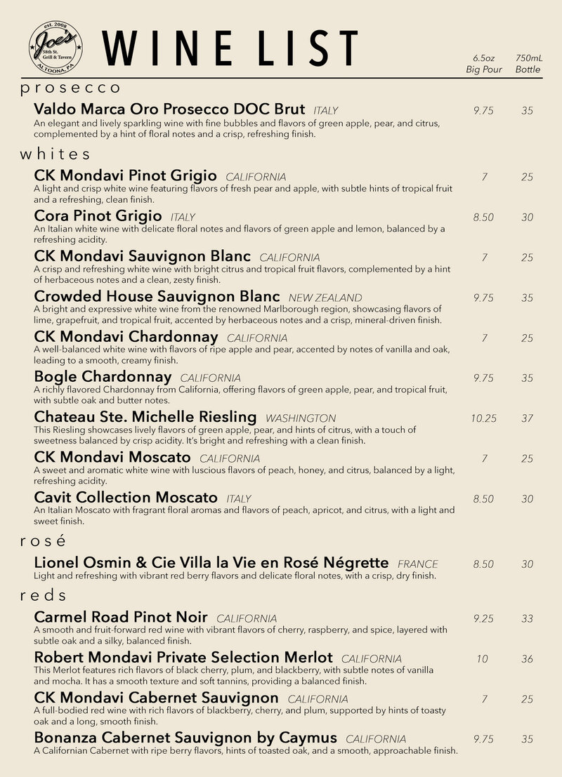 Joe's wine menu
