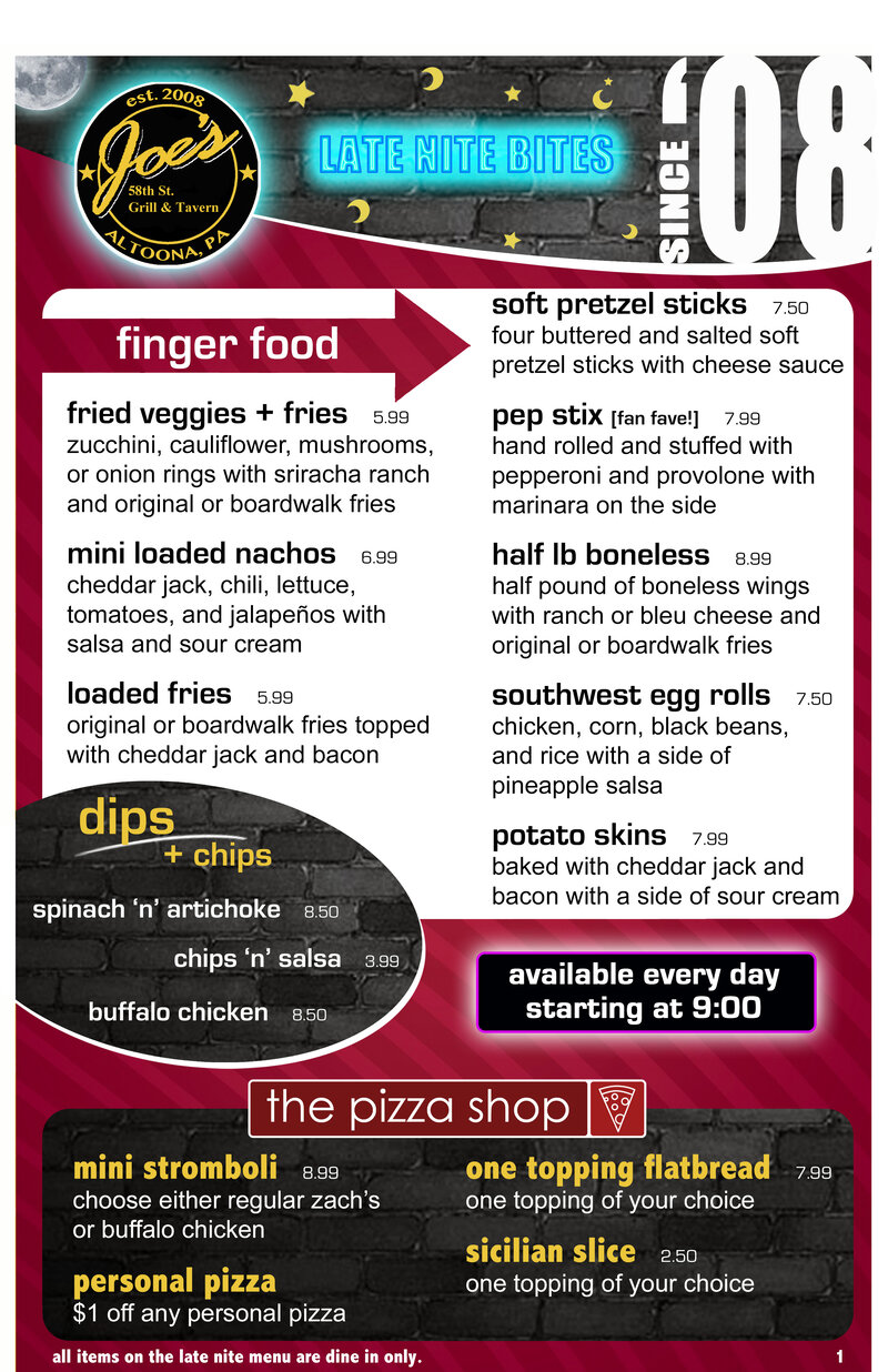 Joe's late nite menu