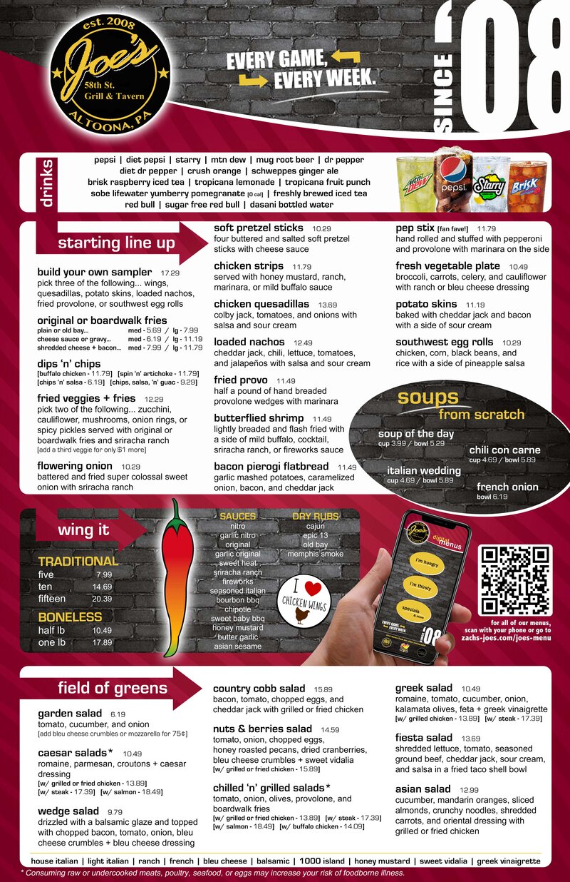 Joe's regular menu — front side