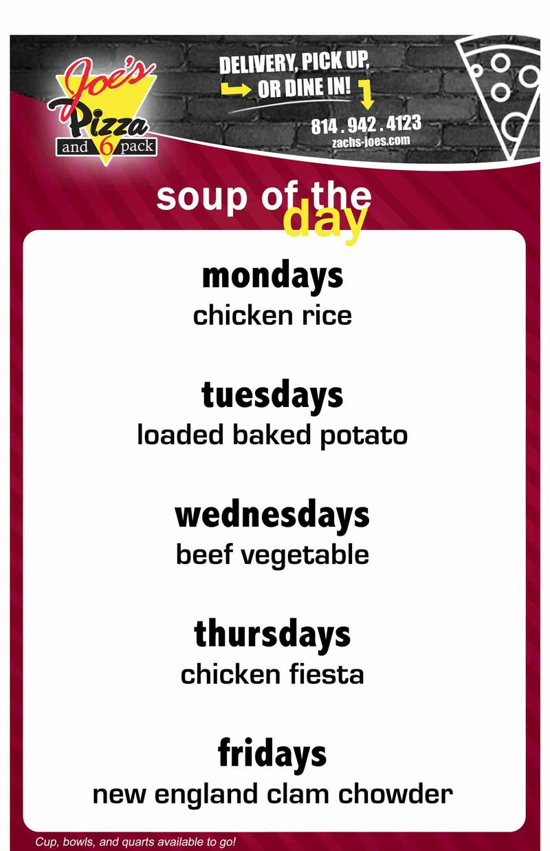 Joe's Pizza soup of the day menu