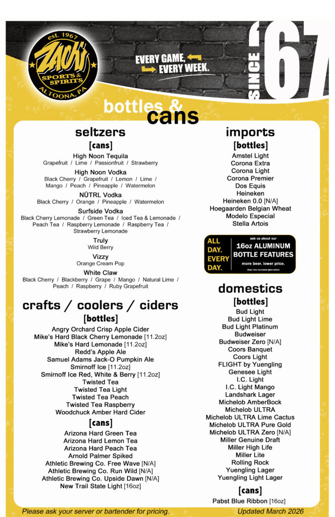Zach's bottle beer menu