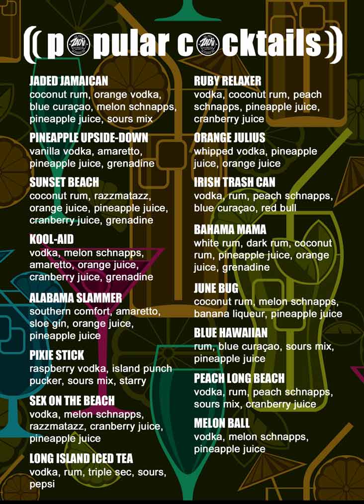 Zach's popular cocktails menu
