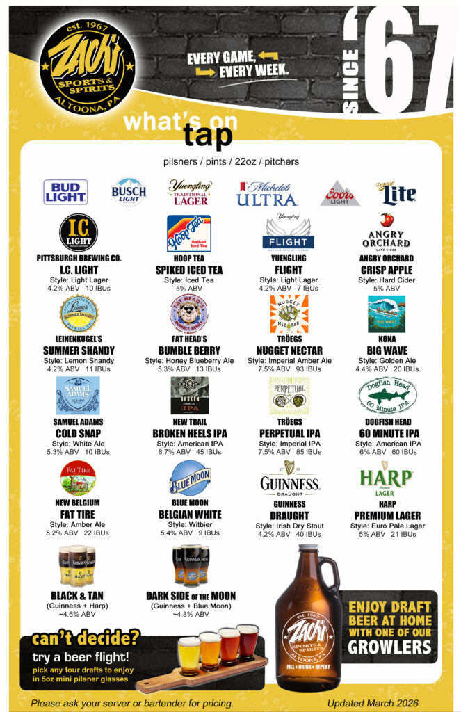 Zach's draft beer menu