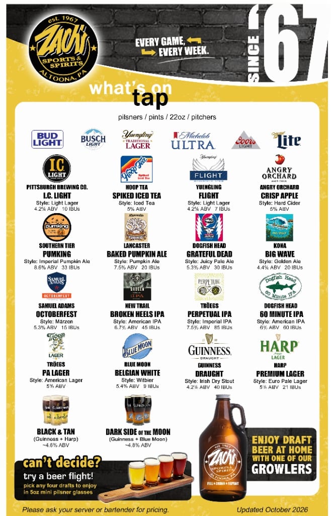 Zach's draft beer menu