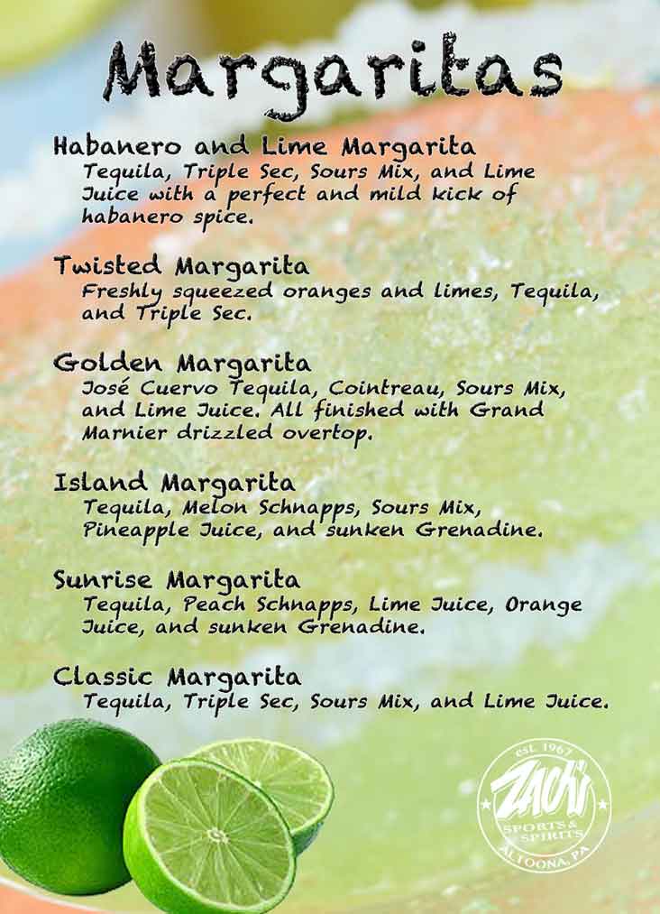 Zach's margarita menu