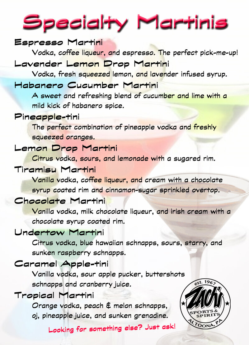 Zach's martini menu
