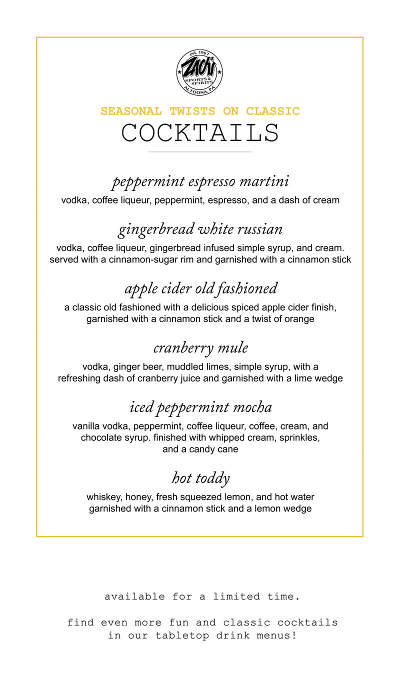 Zach's seasonal beverages menu