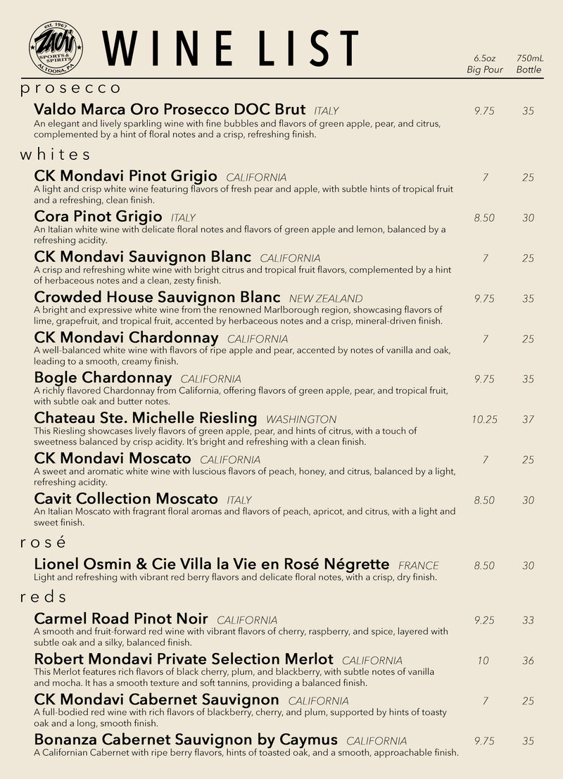 Zach's wine menu