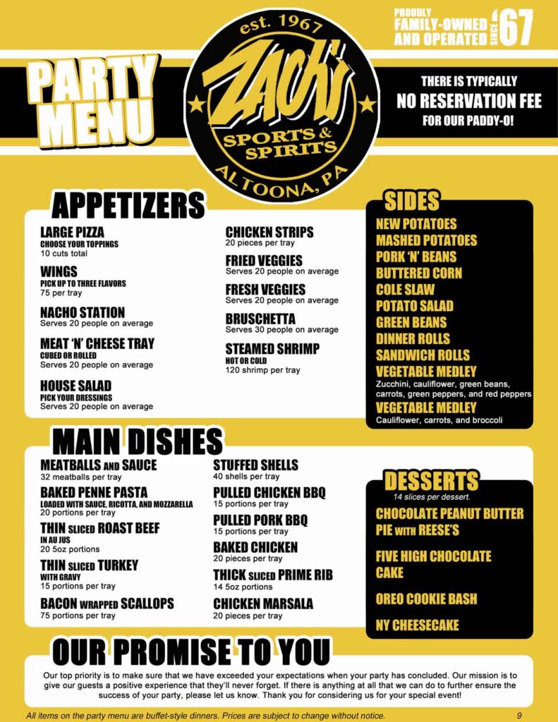 Zach's party and event menu