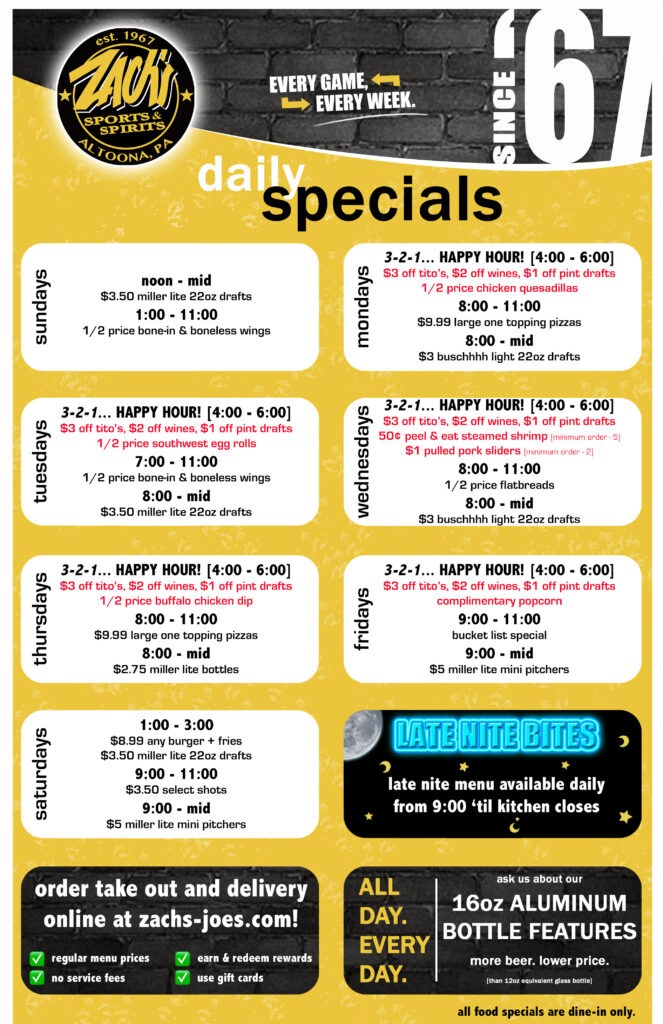 Zach's food and drink specials